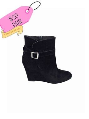 Vince Camuto Black Suede Wedge Ankle Boots with Side Zip and Buckle Detail